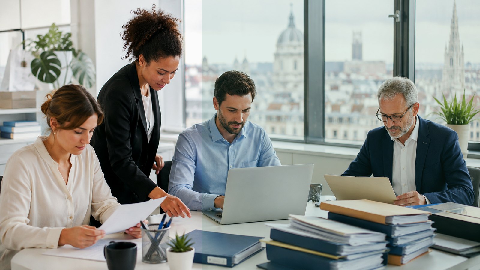 Professionnels analysant des documents dans un bureau